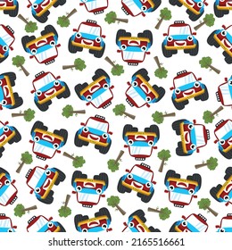Seamless pattern vector of cute little off road car. Creative vector childish background for fabric textile, nursery background, baby clothes, poster, wrapping paper and other decoration.