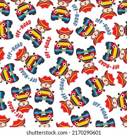 Seamless pattern vector of cute little fox driving monster truck. Creative vector childish background for fabric textile, nursery background, baby clothes, poster, wrapping paper and other decoration.