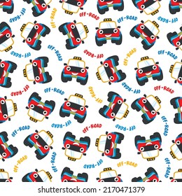 Seamless pattern vector of cute little off road car. Creative vector childish background for fabric textile, nursery background, baby clothes, poster, wrapping paper and other decoration.