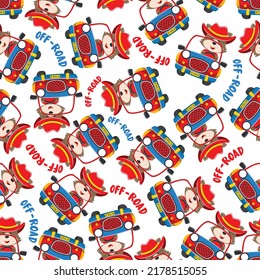 Seamless pattern vector of cute little fox driving monster truck. Creative vector childish background for fabric textile, nursery background, baby clothes, poster, wrapping paper and other decoration.