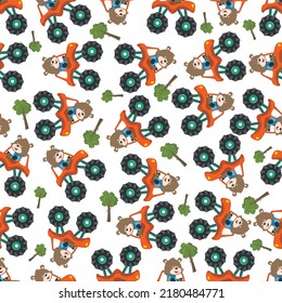 Seamless pattern vector of cute little fox driving monster truck. Creative vector childish background for fabric textile, nursery background, baby clothes, poster, wrapping paper and other decoration.