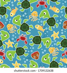Seamless pattern vector with cute marine animals cartoon, undersea elements illustration
