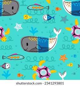 Seamless pattern vector of cute marine animals in doodle cartoon art