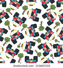 Seamless pattern vector of cute monster truck. Creative vector childish background for fabric textile, nursery background, baby clothes, poster, wrapping paper and other decoration.
