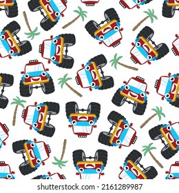 Seamless pattern vector of cute monster truck. Creative vector childish background for fabric textile, nursery background, baby clothes, poster, wrapping paper and other decoration.