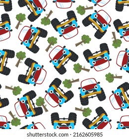 Seamless pattern vector of cute monster truck. Creative vector childish background for fabric textile, nursery background, baby clothes, poster, wrapping paper and other decoration.