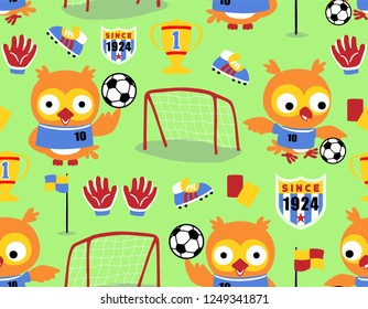 Seamless pattern vector of cute owl playing soccer, soccer elements cartoon