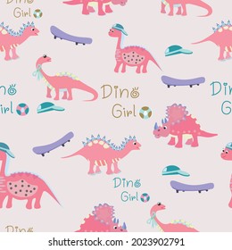 Seamless pattern vector. Cute pink dinosaur on pastel background