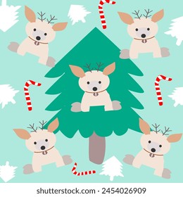 Seamless pattern vector with cute 
reindeer, trees and candy cane. on pastel green background for gift, wallpaper and prints.