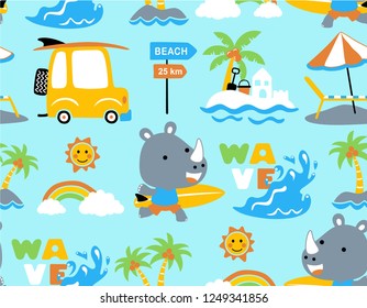 Seamless pattern vector of cute rhino surfing in the beach, summer beach vacation elements cartoon