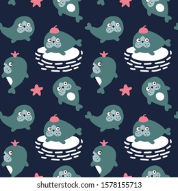 Seamless pattern with vector cute seals