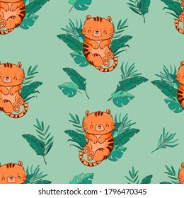 Seamless Pattern Vector Cute Tiger. Cute cheerful tiger background illustration. Print design for baby t-shirt, textile