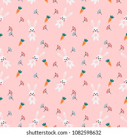 Seamless pattern vector of cute white rabbit and carrot on pink background.