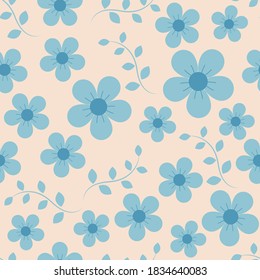 Seamless pattern vector design of blue flowers with leaf on light yellow background. The cute template for fashion prints, wallpaper, textile, and wrapping paper.