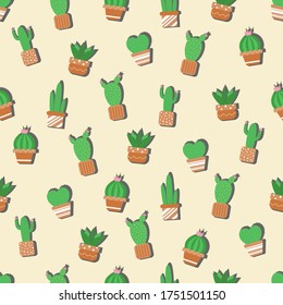 Seamless pattern vector design of cactus and succulent plants in flower pot. The cute template for wallpaper and wrapping paper.
