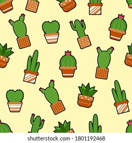 Seamless pattern vector design of cactus and succulent plants in flower pot. The cute template for wallpaper and wrapping paper.

