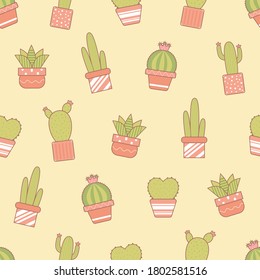 Seamless pattern vector design of cactus and succulent plants in flower pot. The cute template for wallpaper and wrapping paper.