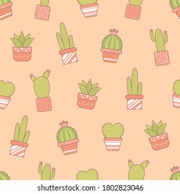 Seamless pattern vector design of cactus and succulent plants in flower pot. The cute template for wallpaper and wrapping paper.