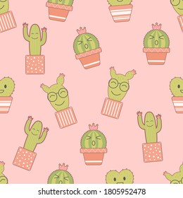 Seamless pattern vector design of cactus and succulent plants with happy face in flower pot. The cute template for wallpaper and wrapping paper.