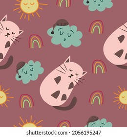 Seamless pattern vector design of cute cat sleep time with sky elements. Good for wallpaper, fabric pattern, wrapping paper, and backdrop.