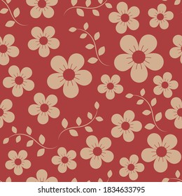 Seamless pattern vector design of flowers with leaf on red background. The cute template for fashion prints, wallpaper, textile, and wrapping paper.