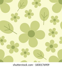 Seamless pattern vector design of green flowers with leaf on light yellow background. The cute template for fashion prints, wallpaper, textile, and wrapping paper.