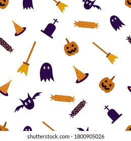 Seamless pattern vector design of Halloween concept with  pumpkins, grave, broom, candy and bats. The template for prints, wallpaper and wrapping paper.