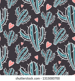 Seamless pattern vector design illustration with the cutest cactuses. Love cactus theme. Wallpaper, background design. 