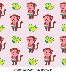 Seamless pattern vector design of monkey with books and banana