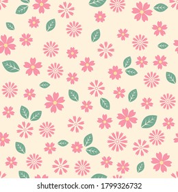 Seamless pattern vector design of pink flowers with leaf on yellow background. The cute template for fashion prints, wallpaper, textile, and wrapping paper.