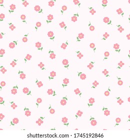 Seamless pattern vector design of small pink flowers with leaf on light pink color background.