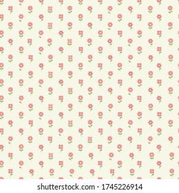 Seamless pattern vector design of small pink flowers with leaf on light yellow color background. The cute template for fashion prints.