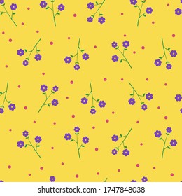 Seamless pattern vector design of small purple flowers with leaf and pink dots on  yellow background. The cute template for fashion prints, wallpaper, textile, and wrapping paper.




