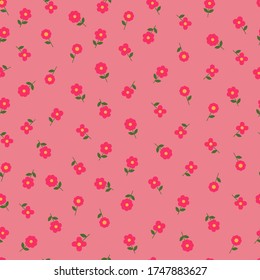 Seamless pattern vector design of small pink flowers with leaf on  pink background. The cute template for fashion prints, wallpaper, textile, and wrapping paper.