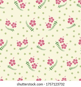 Seamless pattern vector design of small hibiscus flowers with leaf on light yellow background. The cute template for fashion prints, wallpaper, textile, and wrapping paper.