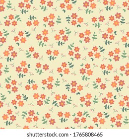 Seamless pattern vector design of small flowers with leaf on light yellow background. The cute template for fashion prints, wallpaper, textile, and wrapping paper.