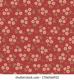 Seamless pattern vector design of small flowers with leaf on red background. The cute template for fashion prints, wallpaper, textile, and wrapping paper.