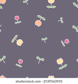 Seamless pattern vector design of small flowers tulip with leaves branches. Cute motifs scattered randomly. Vector for fabric, wrapping, textile, wallpaper, card, background, paper gift, phone case.