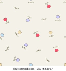 Seamless pattern vector design of small flowers tulip with leaves branches. Cute motifs scattered randomly. Vector for fabric, wrapping, textile, wallpaper, card, background, paper gift, phone case.