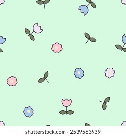 Seamless pattern vector design of small flowers tulip with leaves branches. Cute motifs scattered randomly. Vector for fabric, wrapping, textile, wallpaper, card, background, paper gift, phone case.