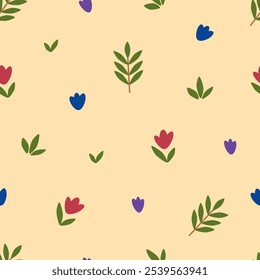 Seamless pattern vector design of small flowers tulip with leaves branches. Cute motifs scattered randomly. Vector for fabric, wrapping, textile, wallpaper, card, background, paper gift, phone case.