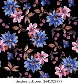 seamless pattern vector design, small medium flower arrangement pattern. red, blue and brown color mix, for textile print ideas, or background images.