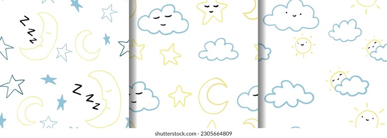 Seamless pattern vector design with smiling, sleeping moon, sun , stars, cloud. Baby boy girl cute sky illustration. eps 10	