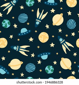 Seamless pattern vector design of space, with stars, rockets, spaceships and planets in the universe with a childish and doodle style with blue and yellow colors