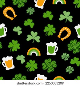 Seamless pattern vector design for St. Patrick's Day. A picture with a clover, a rainbow, a horseshoe and beer on a dark background. Postcard, square template, print on paper, fabric.