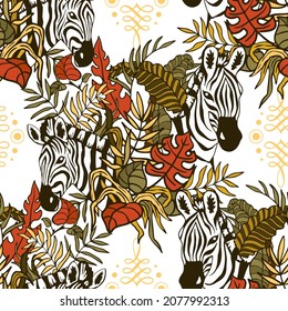 Seamless pattern. Vector design. Zebras in exotic plants. Design for wallpapers, wrappers, fabrics.