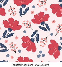 Seamless pattern vector digital background wirh bright red flowers and winter berries. Digital paper for fabric, wrapping paper, textile.