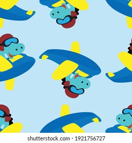 Seamless pattern vector of dinosaur flies in the sky on an airplane. Creative vector childish background for fabric, textile, nursery wallpaper, card, poster and other decoration.