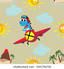 Seamless pattern vector of dinosaur flies in the sky on an airplane. Creative vector childish background for fabric, textile, nursery wallpaper, card, poster and other decoration.
