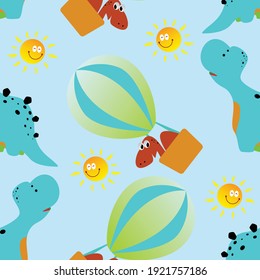 Seamless pattern vector of dinosaur flies in the sky on an 
air balloon. Creative vector childish background for fabric, textile, nursery wallpaper, card, poster and other decoration.